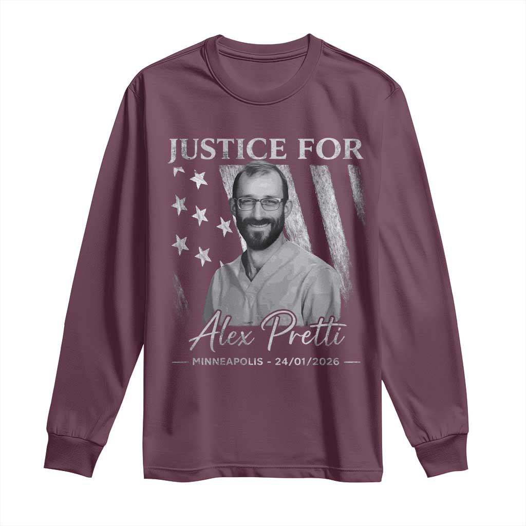 Justice For Alex Pretti Long Sleeve Shirt Minneapolis Tribute 2026 Vintage American Flag TS11 Maroon Print Your Wear