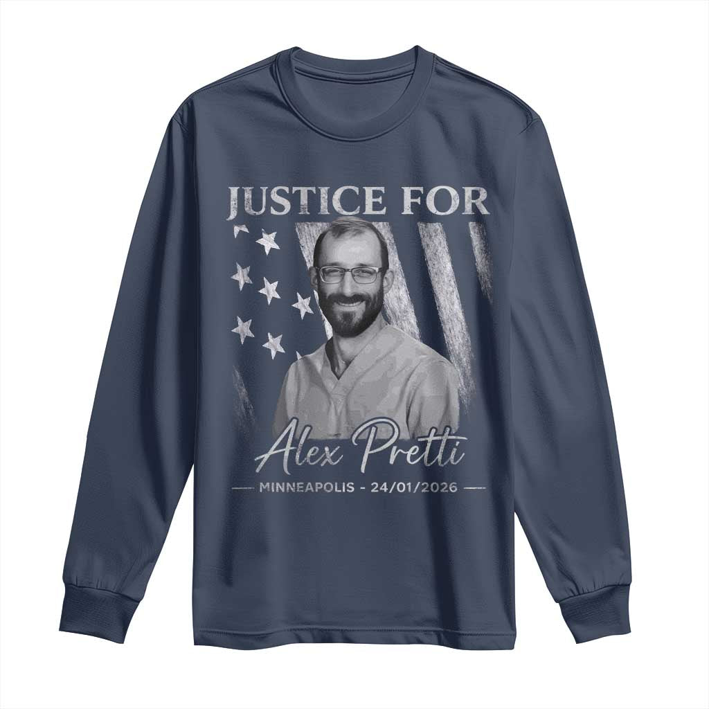Justice For Alex Pretti Long Sleeve Shirt Minneapolis Tribute 2026 Vintage American Flag TS11 Navy Print Your Wear