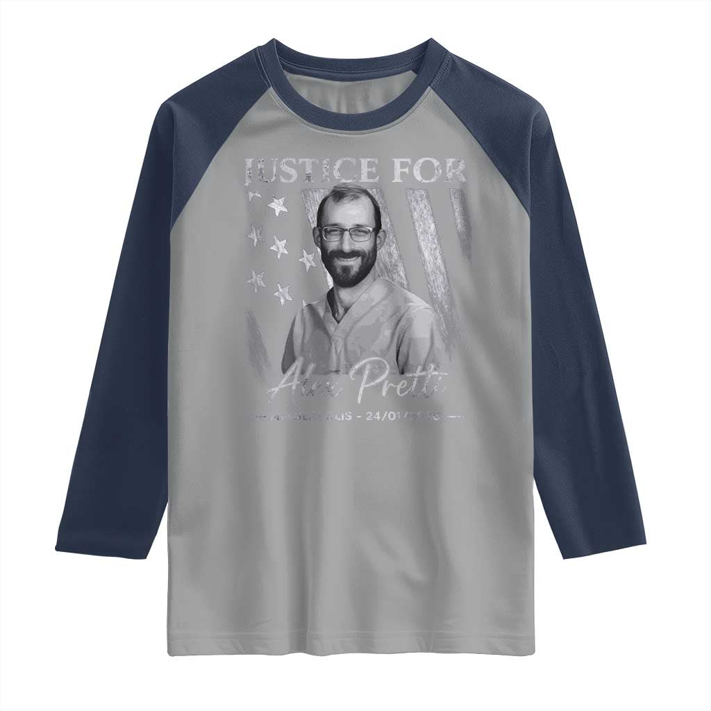 Justice For Alex Pretti Raglan Shirt Minneapolis Tribute 2026 Vintage American Flag TS11 Sport Gray Navy Print Your Wear