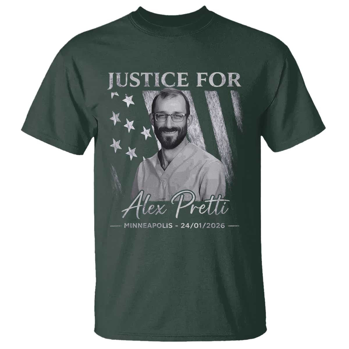 Justice For Alex Pretti T Shirt Minneapolis Tribute 2026 Vintage American Flag TS11 Dark Forest Green Print Your Wear