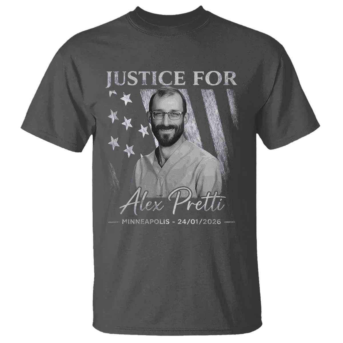 Justice For Alex Pretti T Shirt Minneapolis Tribute 2026 Vintage American Flag TS11 Dark Heather Print Your Wear