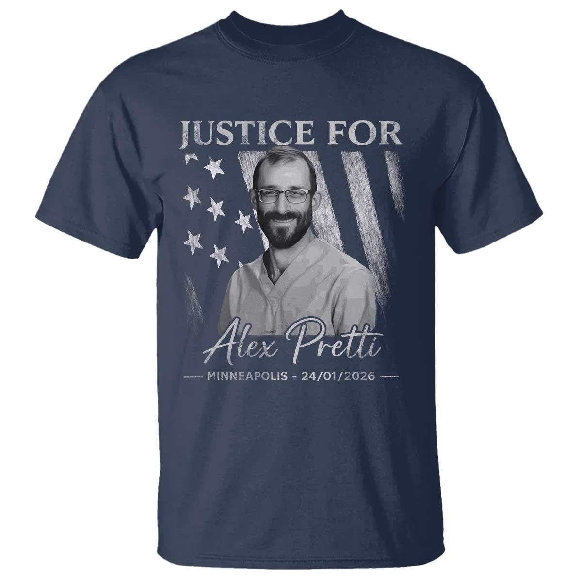 Justice For Alex Pretti T Shirt Minneapolis Tribute 2026 Vintage American Flag TS11 Navy Print Your Wear