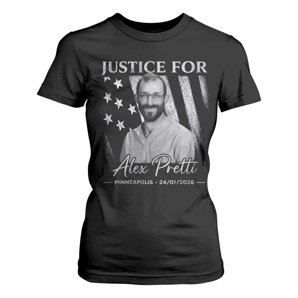 Justice For Alex Pretti T Shirt For Women Minneapolis Tribute 2026 Vintage American Flag TS11 Black Print Your Wear