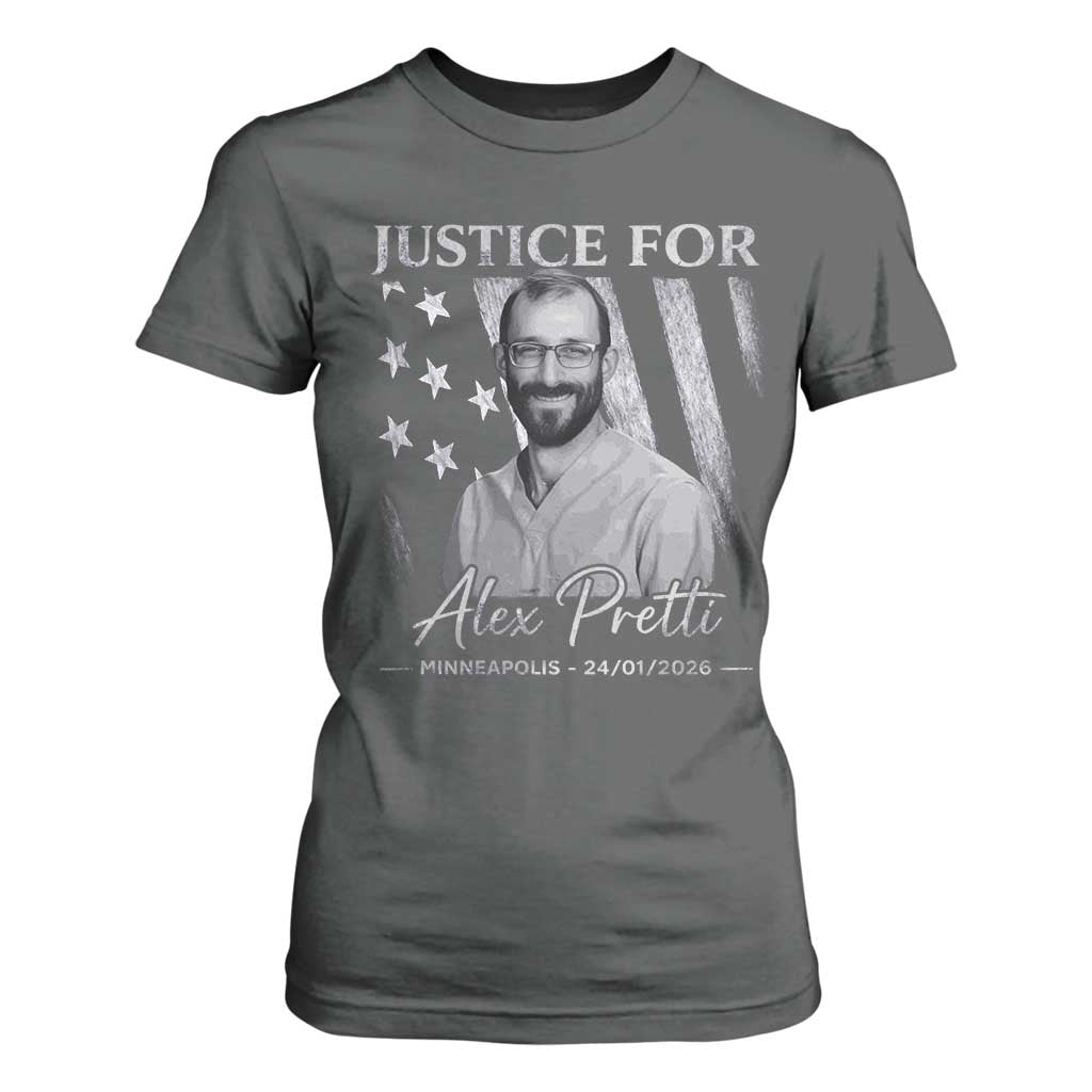 Justice For Alex Pretti T Shirt For Women Minneapolis Tribute 2026 Vintage American Flag TS11 Dark Heather Print Your Wear