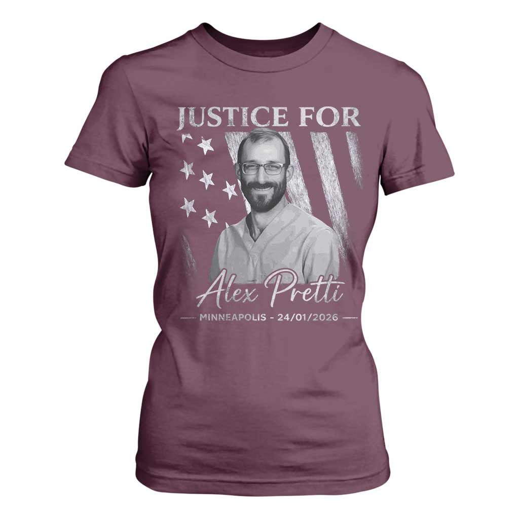Justice For Alex Pretti T Shirt For Women Minneapolis Tribute 2026 Vintage American Flag TS11 Maroon Print Your Wear