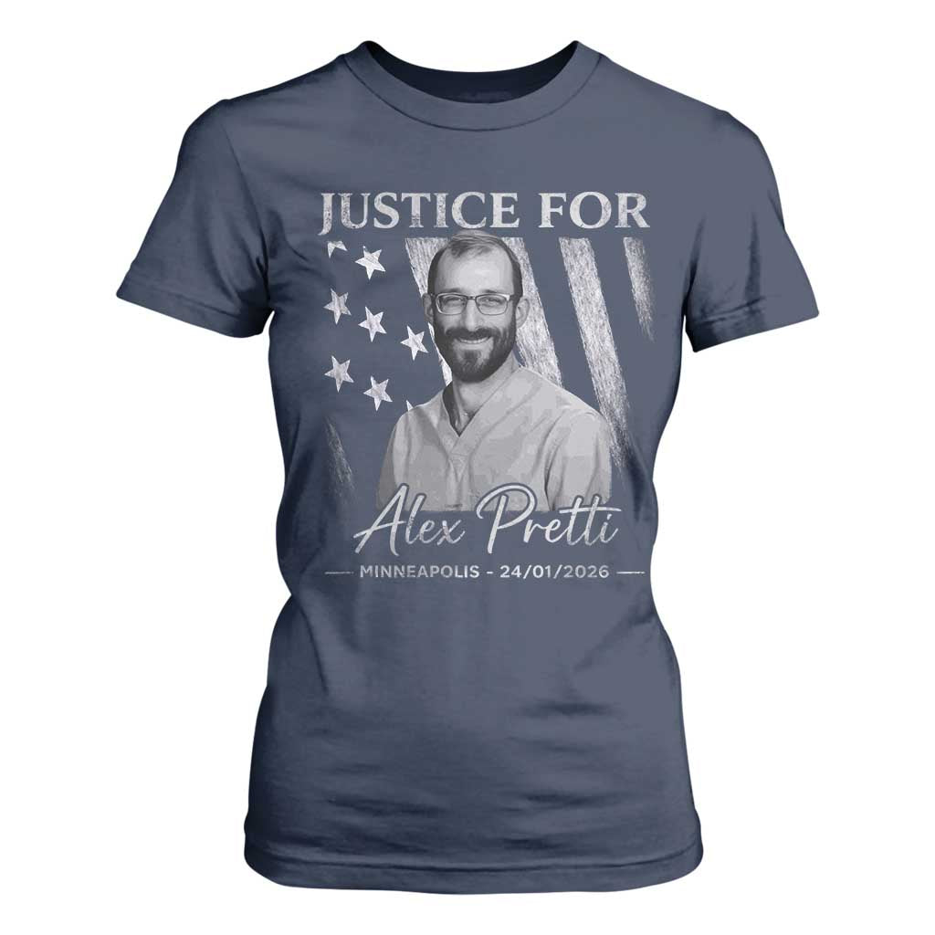Justice For Alex Pretti T Shirt For Women Minneapolis Tribute 2026 Vintage American Flag TS11 Navy Print Your Wear