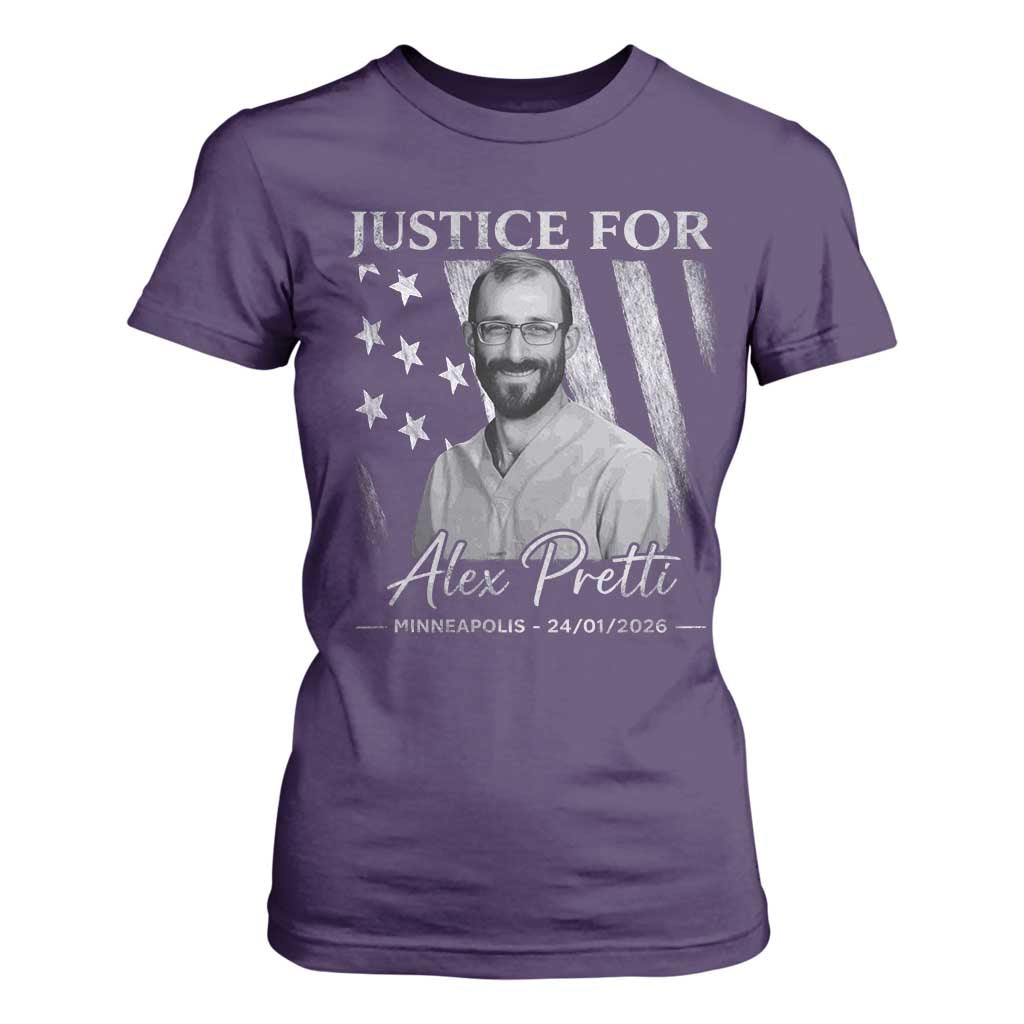 Justice For Alex Pretti T Shirt For Women Minneapolis Tribute 2026 Vintage American Flag TS11 Purple Print Your Wear