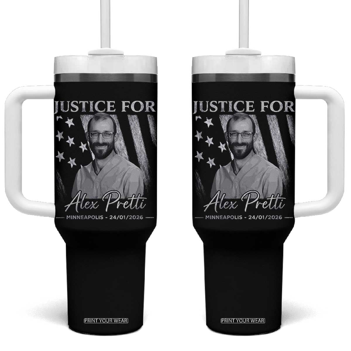 Justice For Alex Pretti Tumbler With Handle Minneapolis Tribute 2026 Vintage American Flag TS11 One Size: 40 oz Black Print Your Wear
