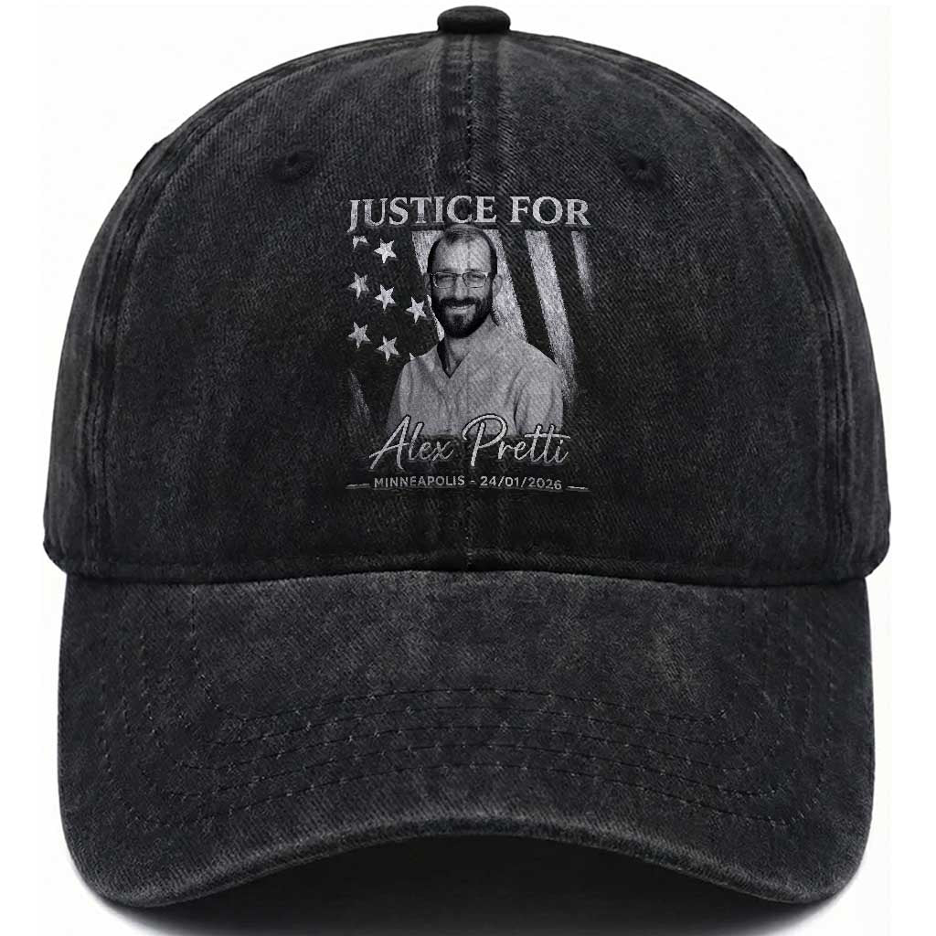 Justice For Alex Pretti Washed Cotton Baseball Cap Minneapolis Tribute 2026 Vintage American Flag TS11 Print Your Wear