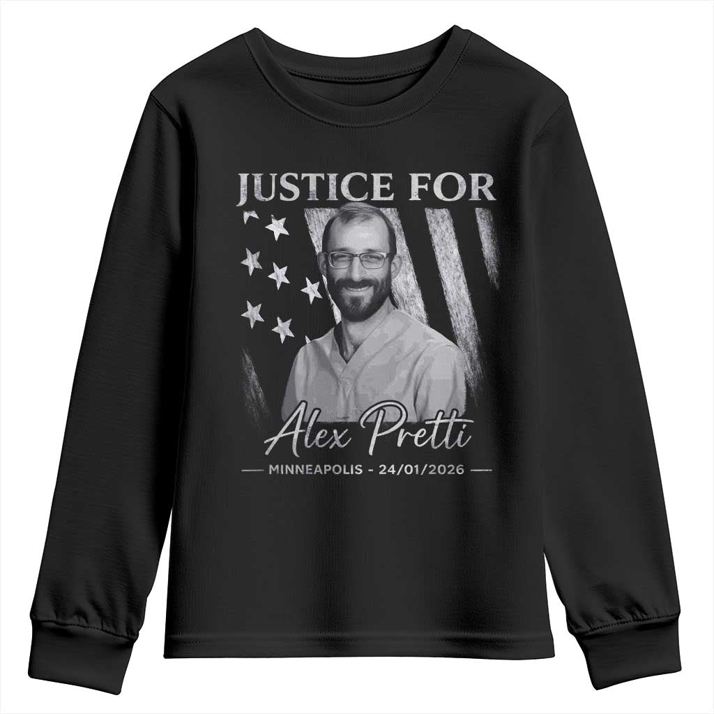 Justice For Alex Pretti Youth Sweatshirt Minneapolis Tribute 2026 Vintage American Flag TS11 Black Print Your Wear