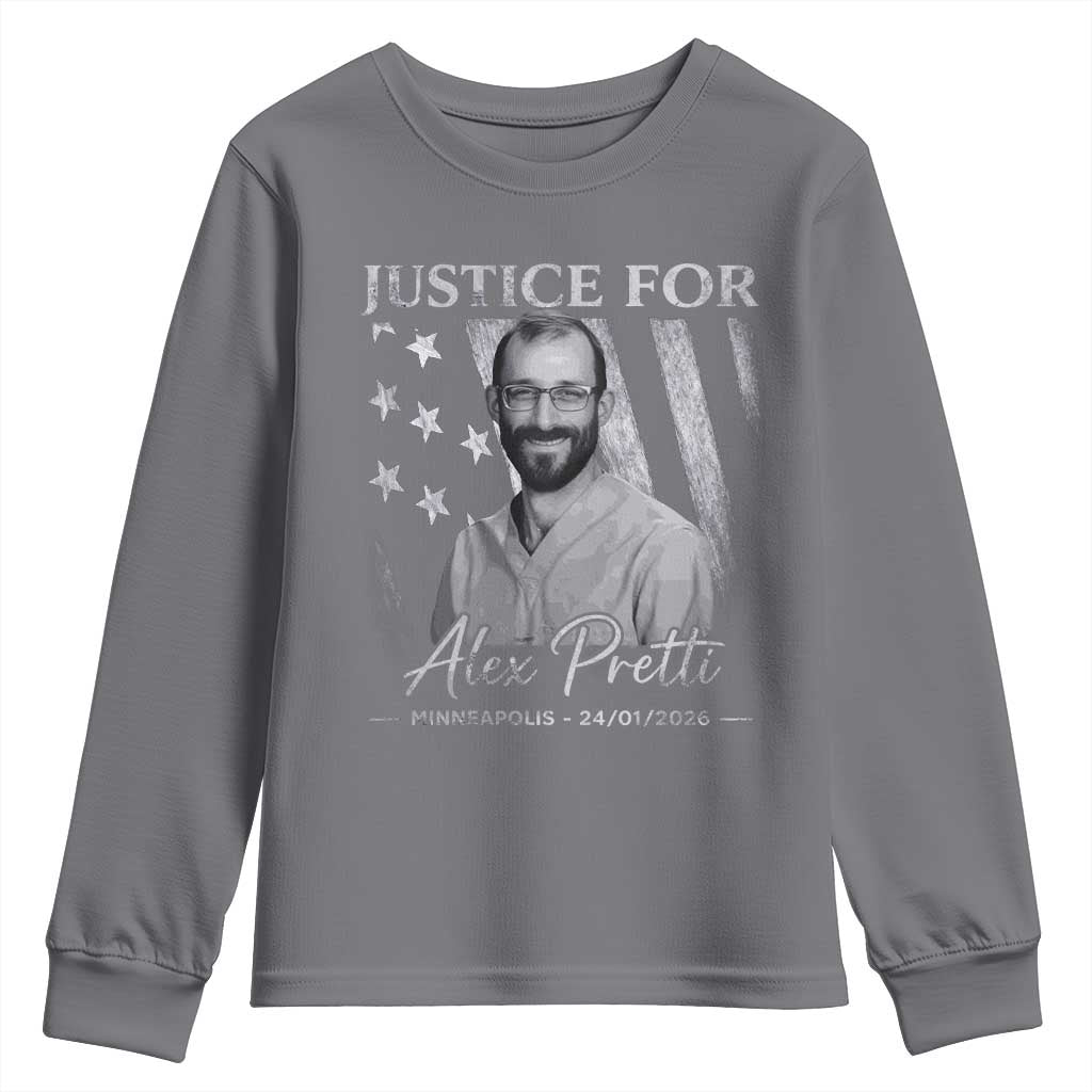 Justice For Alex Pretti Youth Sweatshirt Minneapolis Tribute 2026 Vintage American Flag TS11 Charcoal Print Your Wear