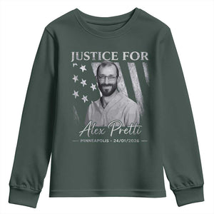 Justice For Alex Pretti Youth Sweatshirt Minneapolis Tribute 2026 Vintage American Flag TS11 Dark Forest Green Print Your Wear