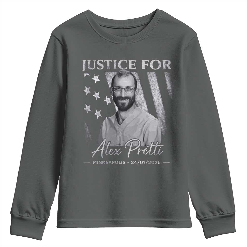 Justice For Alex Pretti Youth Sweatshirt Minneapolis Tribute 2026 Vintage American Flag TS11 Dark Heather Print Your Wear