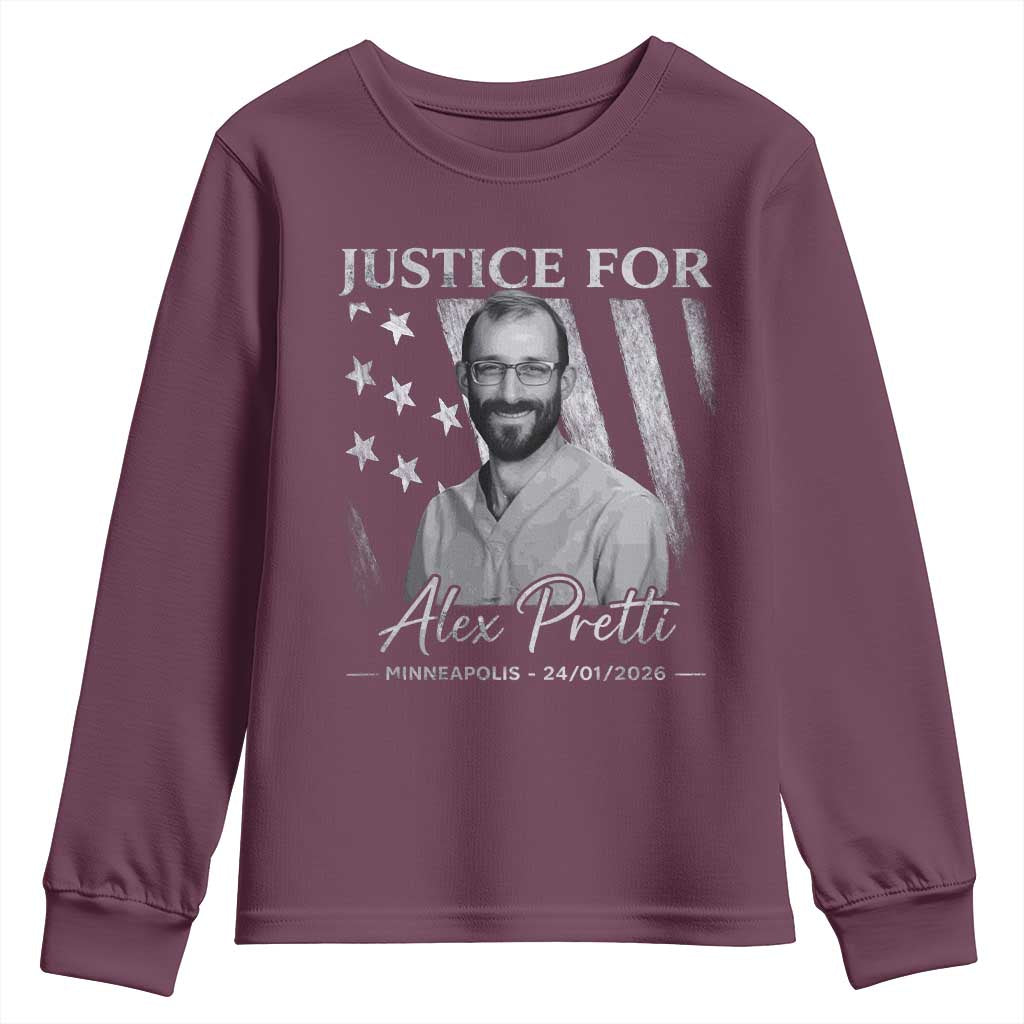 Justice For Alex Pretti Youth Sweatshirt Minneapolis Tribute 2026 Vintage American Flag TS11 Maroon Print Your Wear