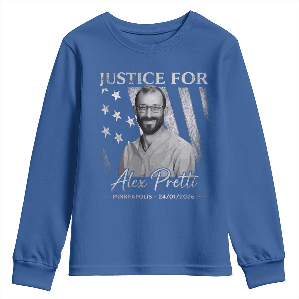 Justice For Alex Pretti Youth Sweatshirt Minneapolis Tribute 2026 Vintage American Flag TS11 Royal Blue Print Your Wear
