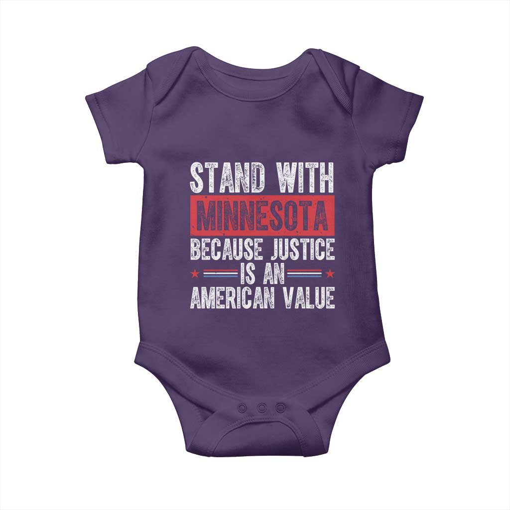 Stand With Minnesota Because Justice Is An American Value Baby Onesie Political Statement TS11 Purple Print Your Wear