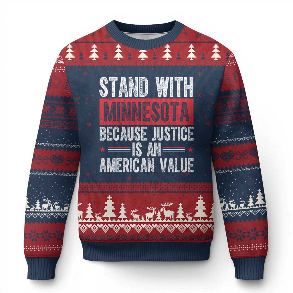 Stand With Minnesota Because Justice Is An American Value Ugly Christmas Sweater Political Statement TS11 Navy Red Print Your Wear