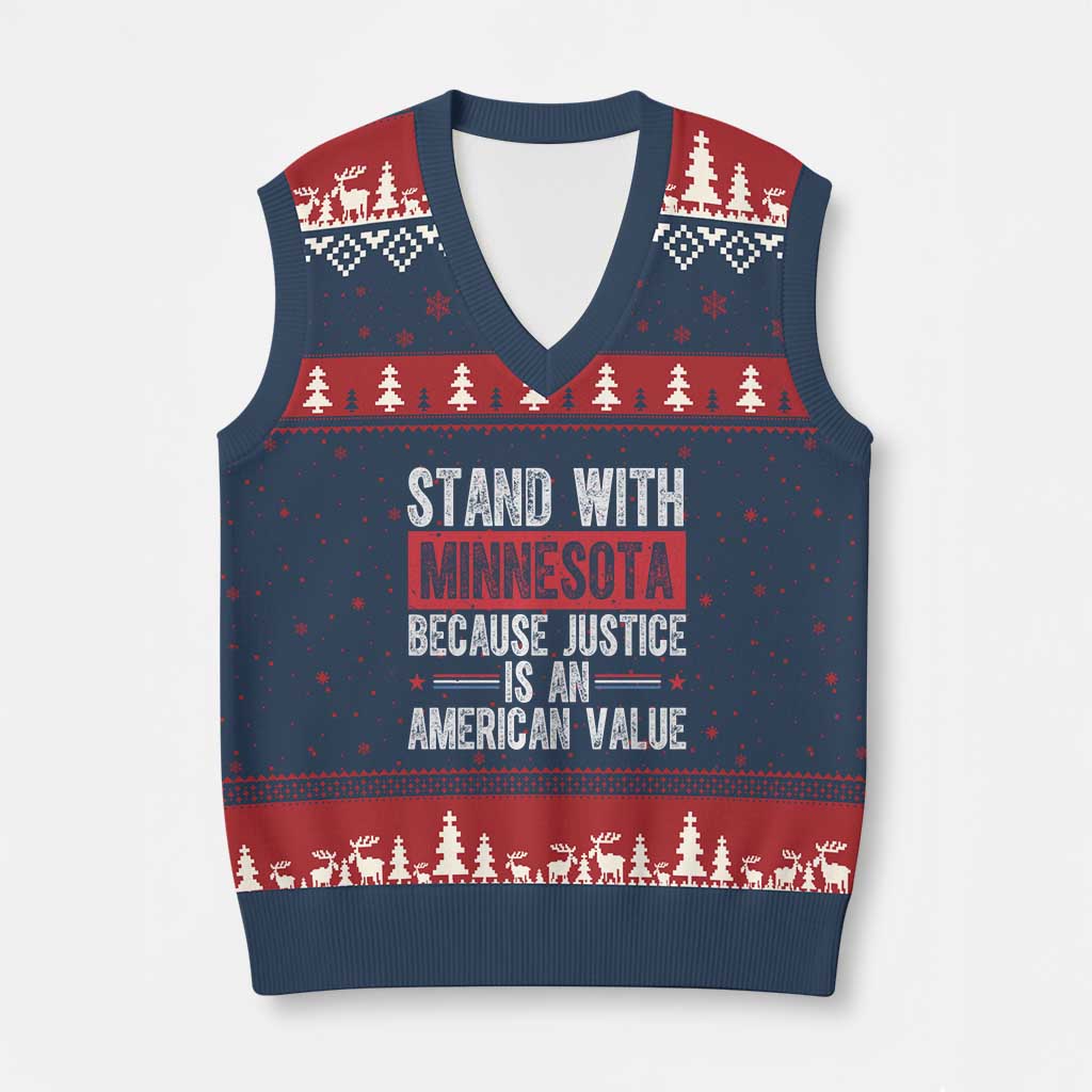Stand With Minnesota Because Justice Is An American Value V-Neck Knit Sweater Vest Political Statement TS11 Navy Red Print Your Wear