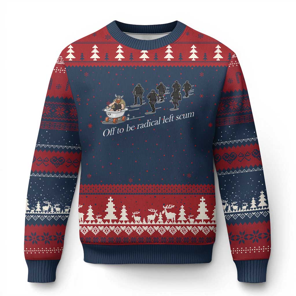 Off To Be Radical Left Scum Ugly Christmas Sweater Funny Minneapolis Escape Viking Abolish Ice TS11 Navy Red Print Your Wear