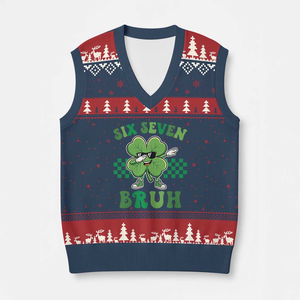 Funny 67 St Patricks Day V-Neck Knit Sweater Vest Six Seven Bruh Dabbing Shamrock TS11 Navy Red Print Your Wear