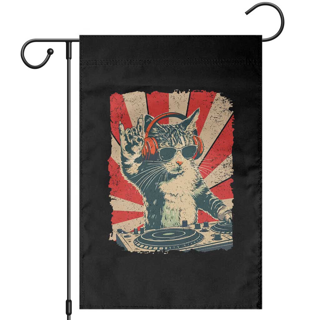 Funny DJ Cat with Headphones Retro Music Lover Garden Flag TS11 Black Print Your Wear