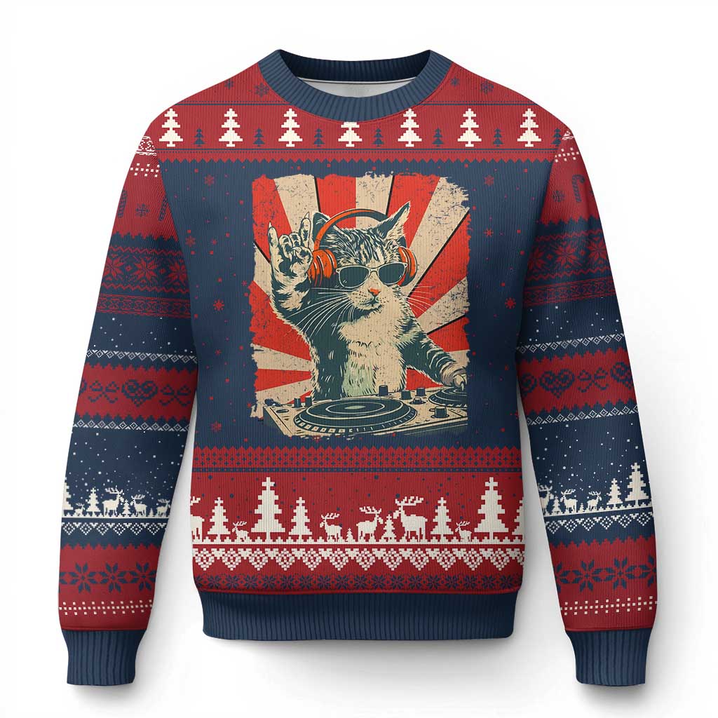 Funny DJ Cat with Headphones Retro Music Lover Ugly Christmas Sweater TS11 Navy Red Print Your Wear