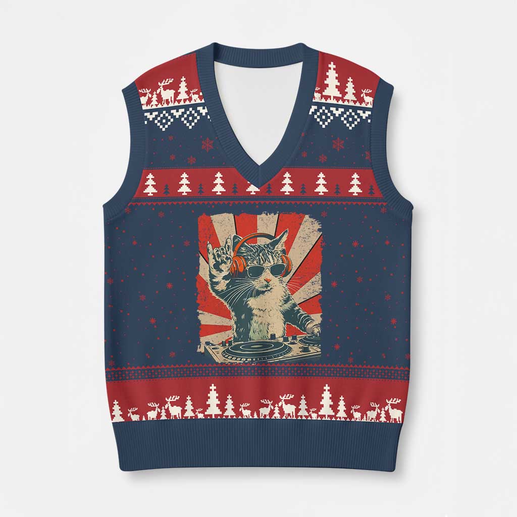 Funny DJ Cat with Headphones Retro Music Lover V-Neck Knit Sweater Vest TS11 Navy Red Print Your Wear