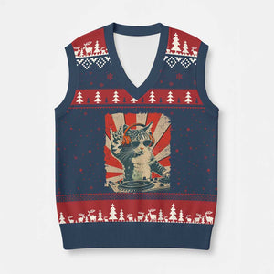 Funny DJ Cat with Headphones Retro Music Lover V-Neck Knit Sweater Vest TS11 Navy Red Print Your Wear