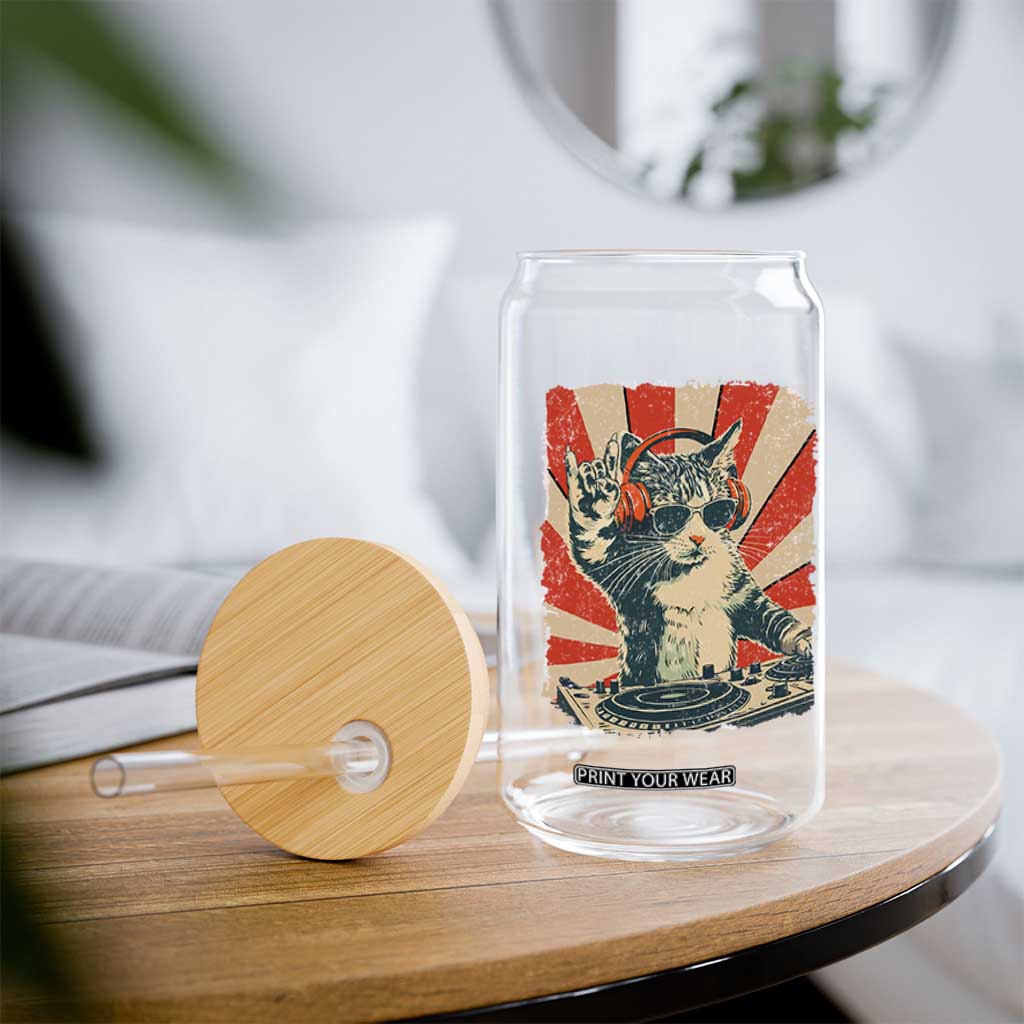 Funny DJ Cat with Headphones Retro Music Lover Glass Can TS11 Print Your Wear