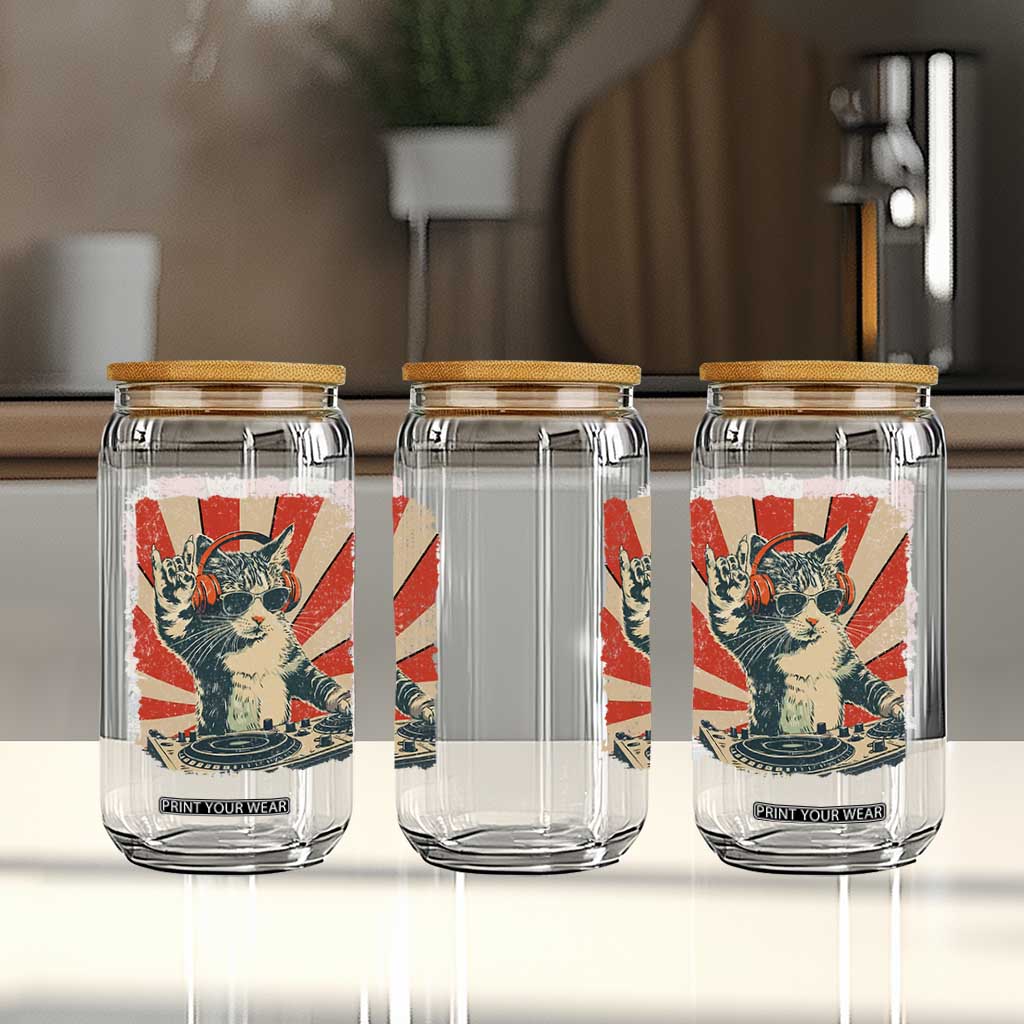 Funny DJ Cat with Headphones Retro Music Lover Glass Can TS11 Print Your Wear