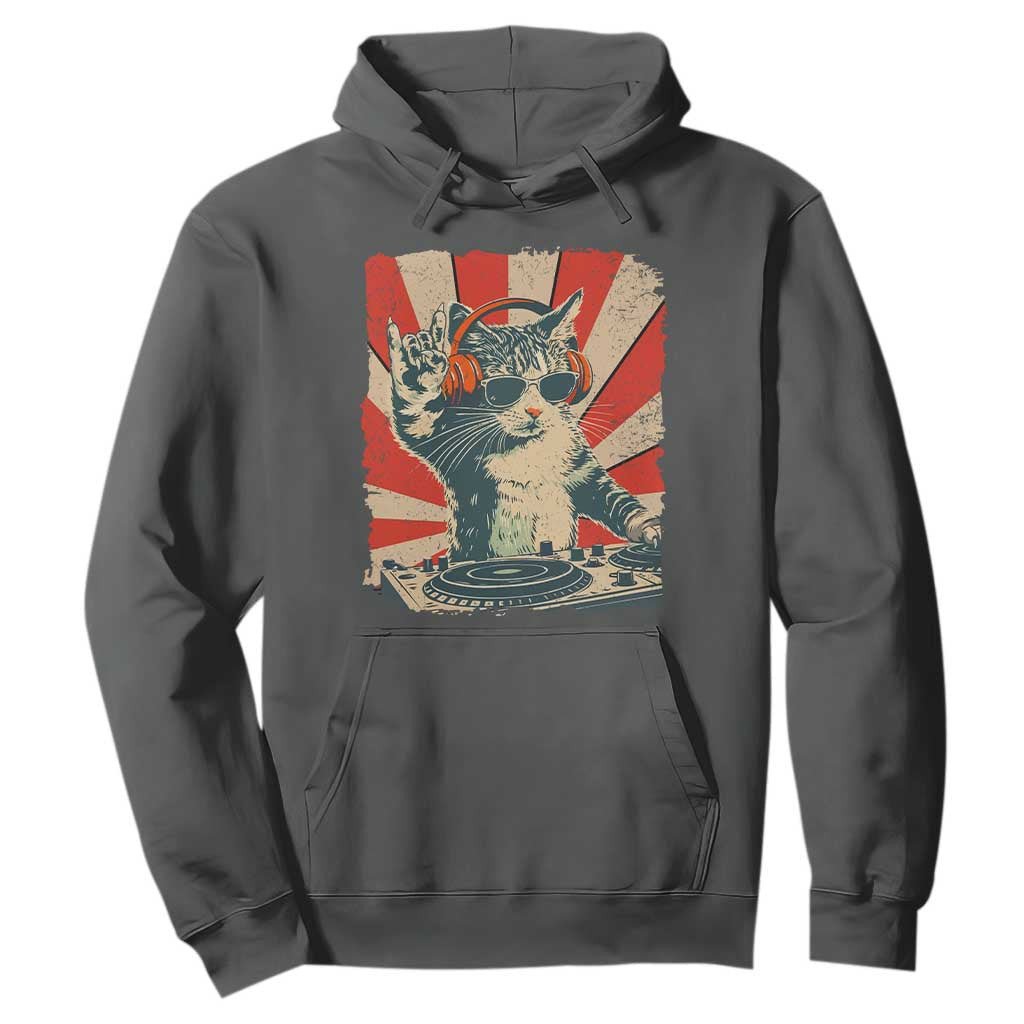 Funny DJ Cat with Headphones Retro Music Lover Hoodie TS11 Dark Heather Print Your Wear