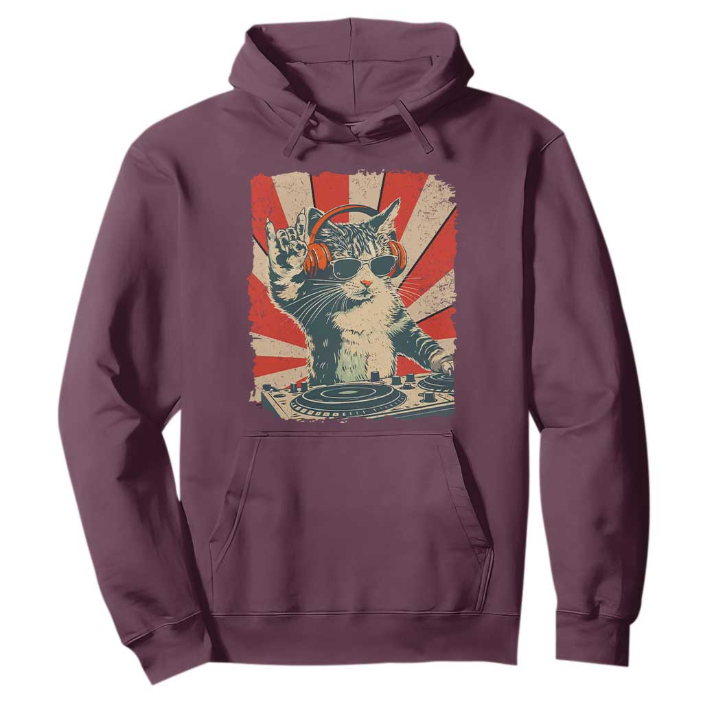 Funny DJ Cat with Headphones Retro Music Lover Hoodie TS11 Maroon Print Your Wear