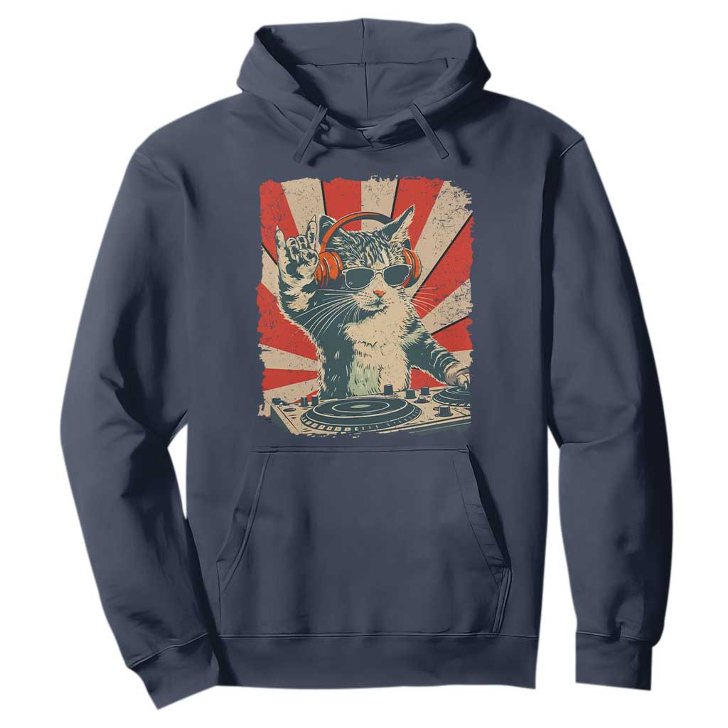 Funny DJ Cat with Headphones Retro Music Lover Hoodie TS11 Navy Print Your Wear