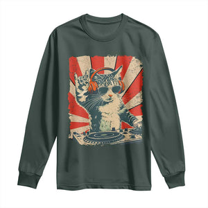 Funny DJ Cat with Headphones Retro Music Lover Long Sleeve Shirt TS11 Dark Forest Green Print Your Wear