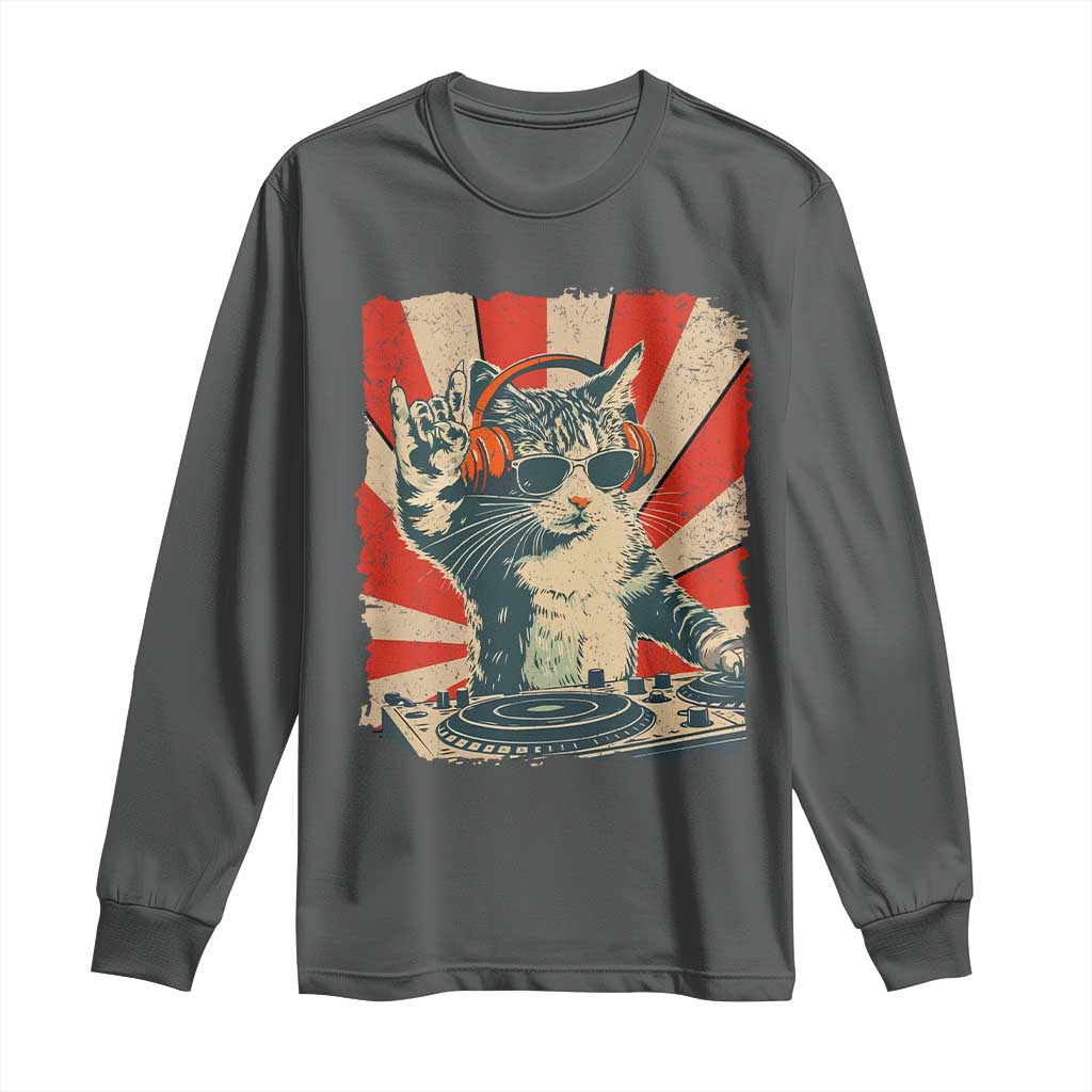 Funny DJ Cat with Headphones Retro Music Lover Long Sleeve Shirt TS11 Dark Heather Print Your Wear