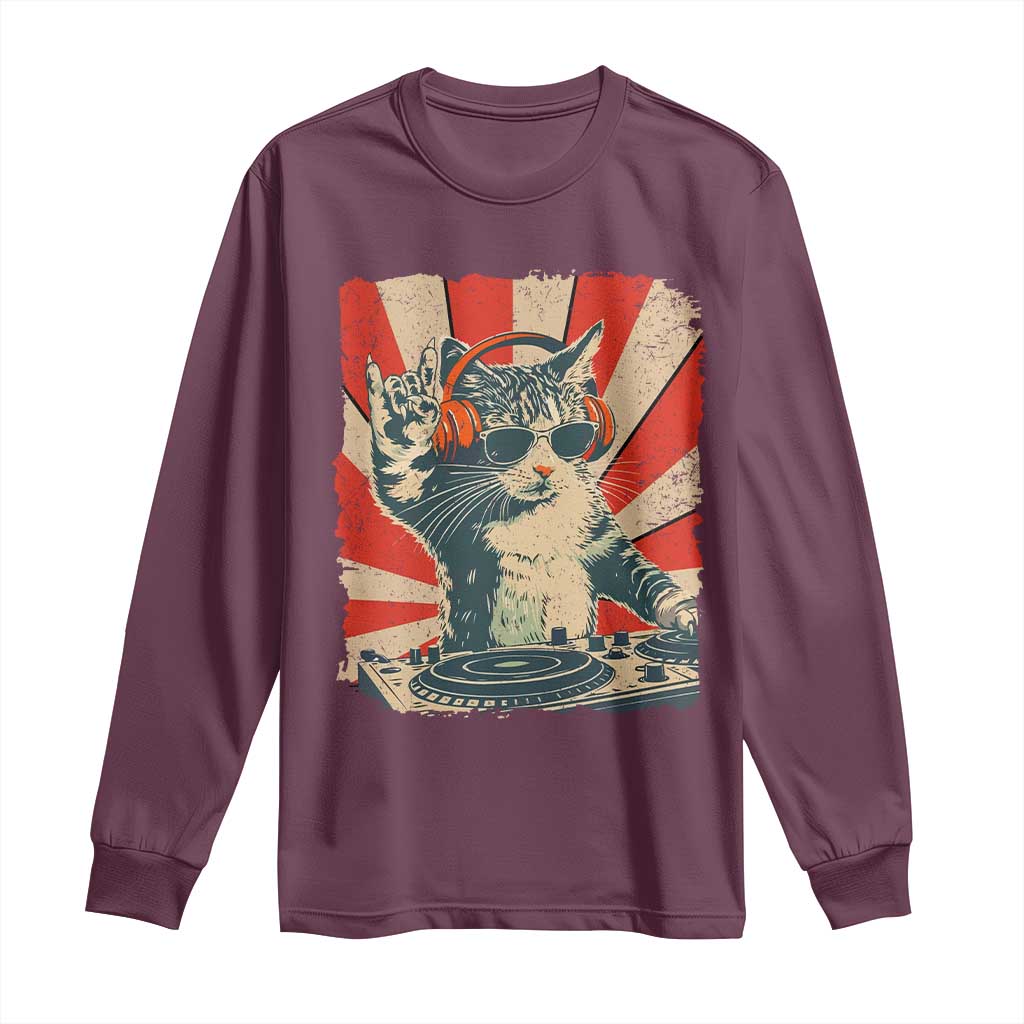 Funny DJ Cat with Headphones Retro Music Lover Long Sleeve Shirt TS11 Maroon Print Your Wear