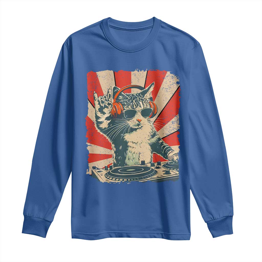 Funny DJ Cat with Headphones Retro Music Lover Long Sleeve Shirt TS11 Royal Blue Print Your Wear