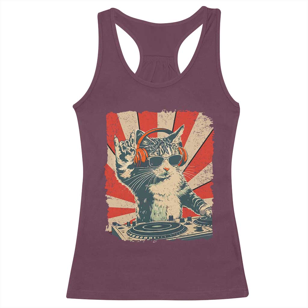 Funny DJ Cat with Headphones Retro Music Lover Racerback Tank Top TS11 Maroon Print Your Wear