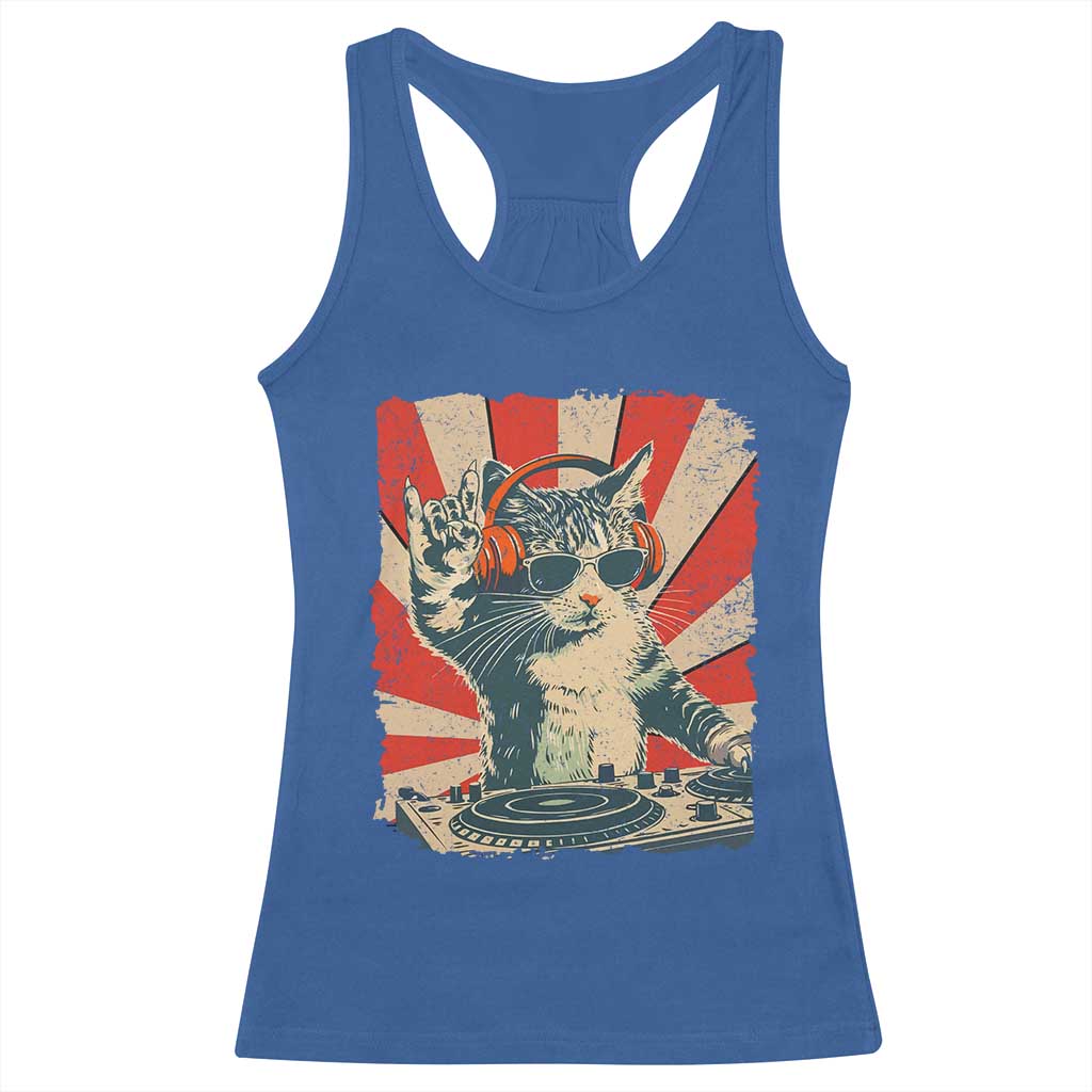 Funny DJ Cat with Headphones Retro Music Lover Racerback Tank Top TS11 Royal Blue Print Your Wear