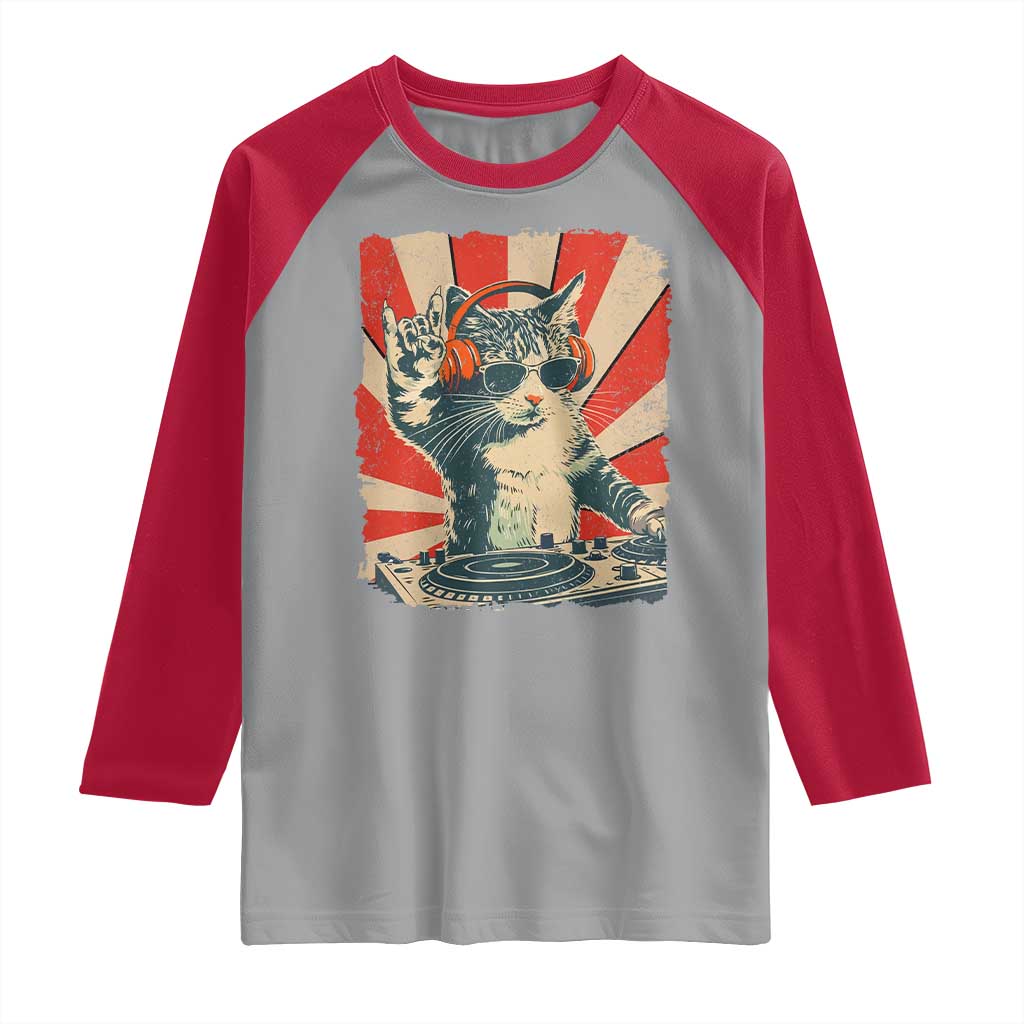 Funny DJ Cat with Headphones Retro Music Lover Raglan Shirt TS11 Sport Gray Red Print Your Wear