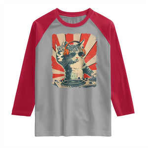Funny DJ Cat with Headphones Retro Music Lover Raglan Shirt TS11 Sport Gray Red Print Your Wear