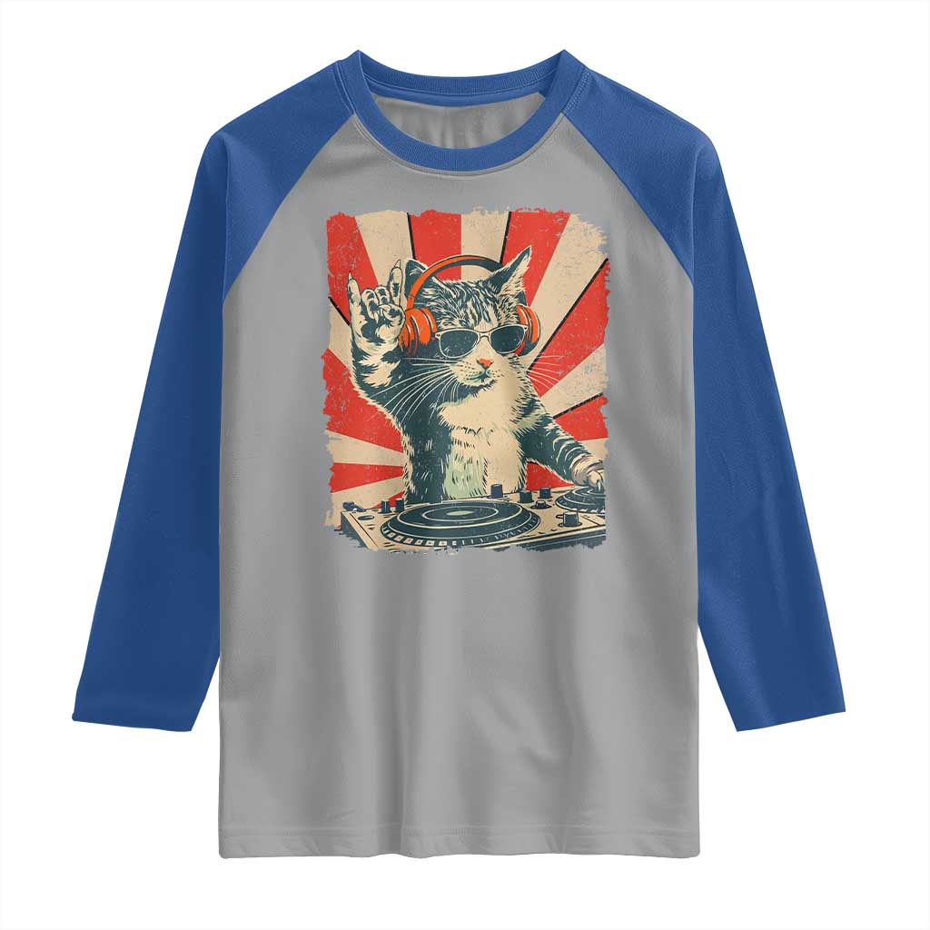 Funny DJ Cat with Headphones Retro Music Lover Raglan Shirt TS11 Sport Gray Royal Print Your Wear
