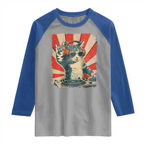 Funny DJ Cat with Headphones Retro Music Lover Raglan Shirt TS11 Sport Gray Royal Print Your Wear