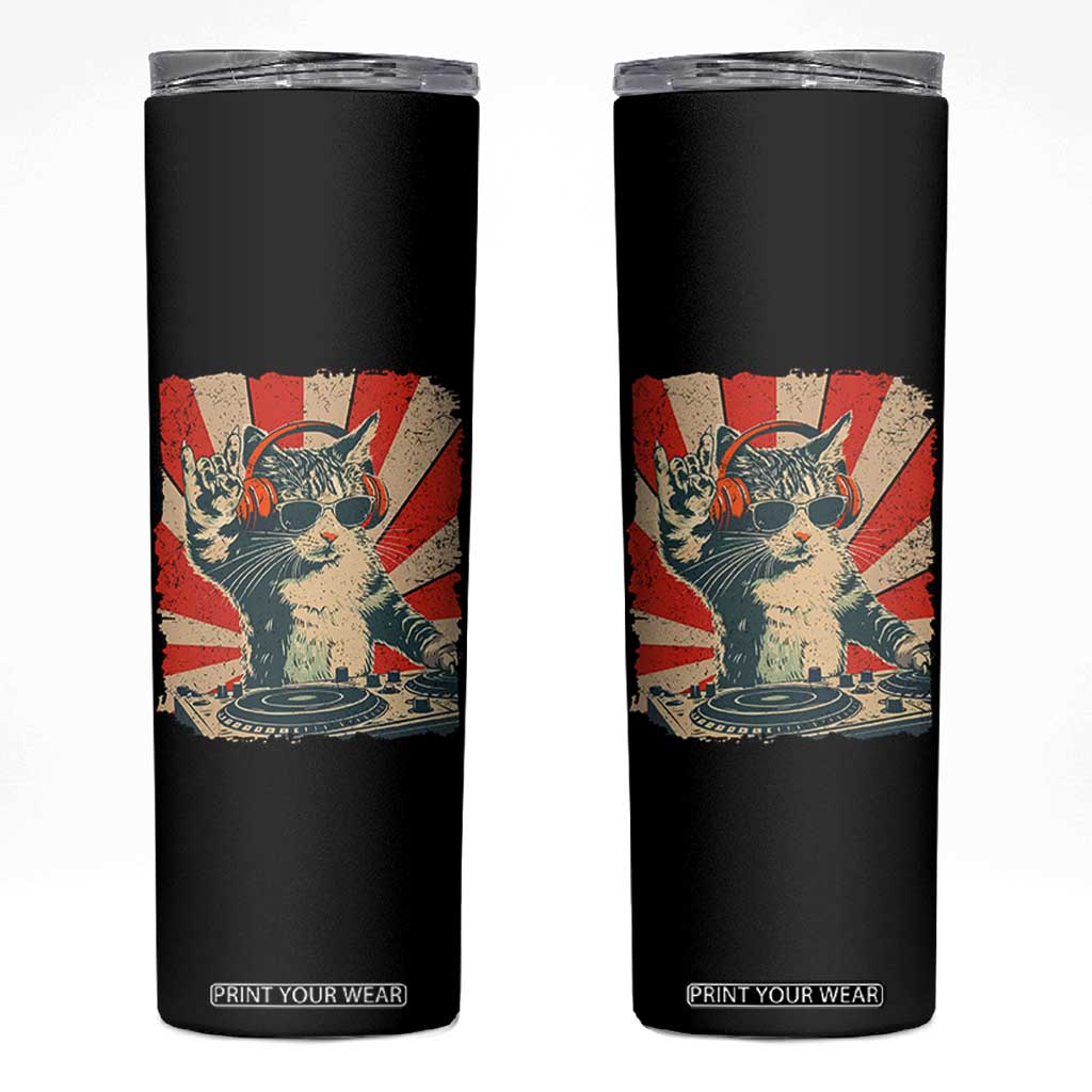 Funny DJ Cat with Headphones Retro Music Lover Skinny Tumbler TS11 Black Print Your Wear