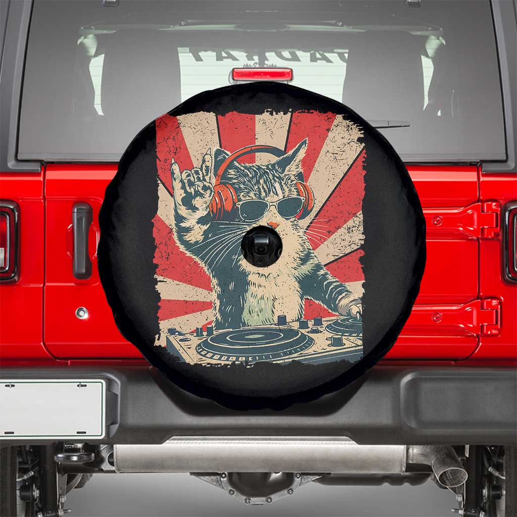 Funny DJ Cat with Headphones Retro Music Lover Spare Tire Cover TS11 Black Print Your Wear