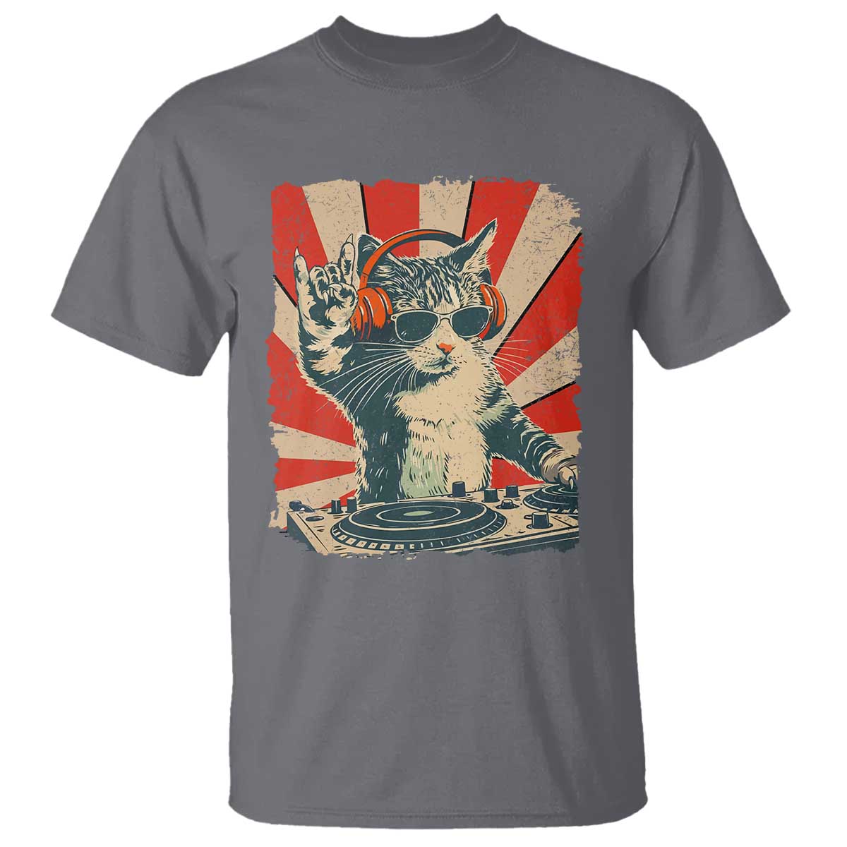 Funny DJ Cat with Headphones Retro Music Lover T Shirt TS11 Charcoal Print Your Wear