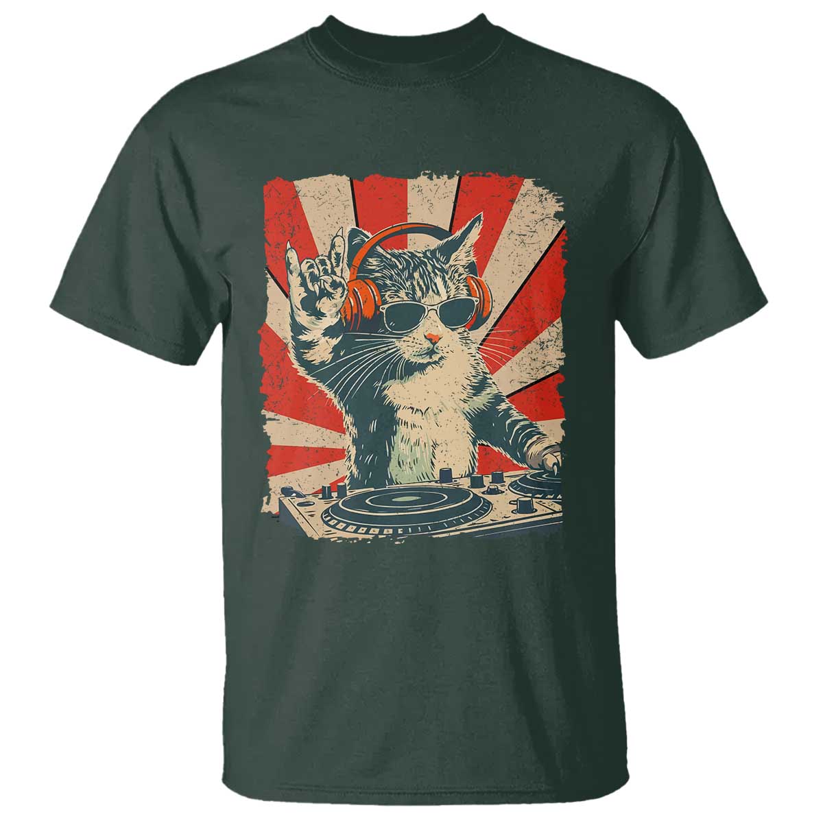 Funny DJ Cat with Headphones Retro Music Lover T Shirt TS11 Dark Forest Green Print Your Wear