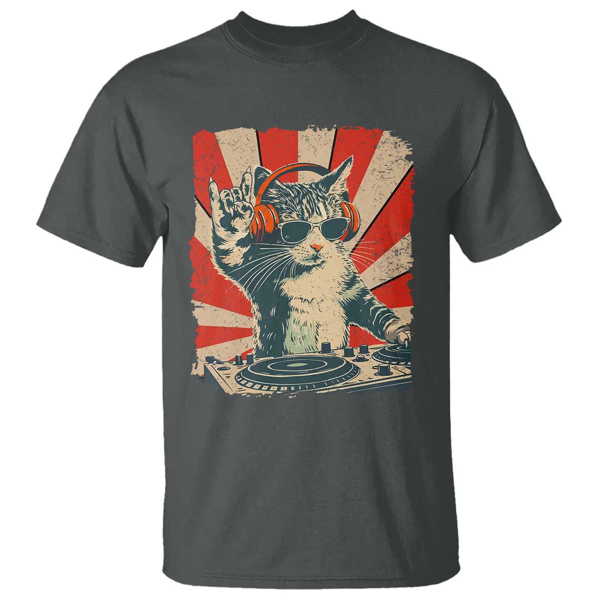 Funny DJ Cat with Headphones Retro Music Lover T Shirt TS11 Dark Heather Print Your Wear