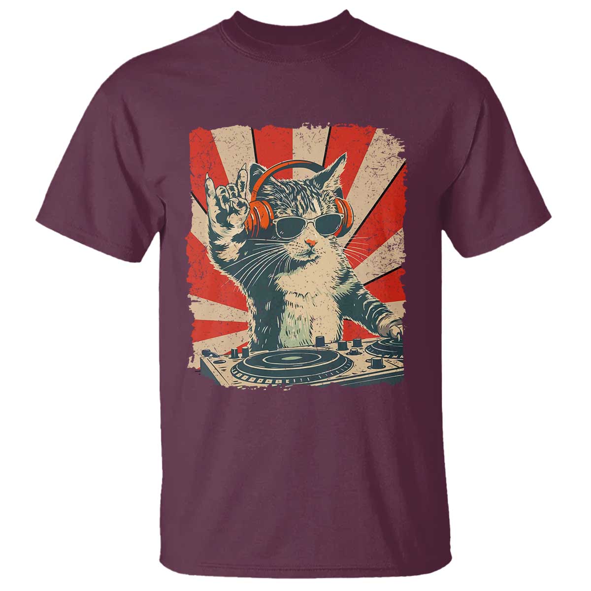 Funny DJ Cat with Headphones Retro Music Lover T Shirt TS11 Maroon Print Your Wear