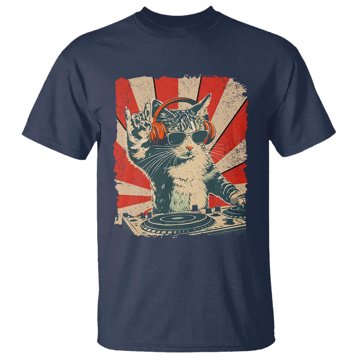 Funny DJ Cat with Headphones Retro Music Lover T Shirt TS11 Navy Print Your Wear